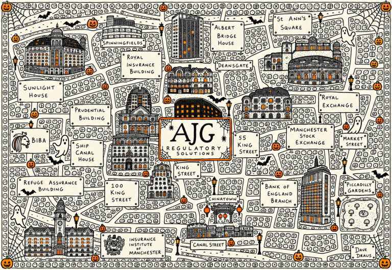 Regulation doesn’t have to be scary — AJGRS Halloween AJG Regulatory Solutions’ illustrated Manchester cityscape with pumpkins, bats, ghosts and cobwebs.